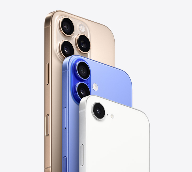 Lineup of the iPhone family, with the iPhone 16 Pro model in Desert Titanium showing 3 camera lenses, the iPhone 16 in Ultramarine showing 2 camera lenses, and iPhone 16e in White showing 1 camera lens.